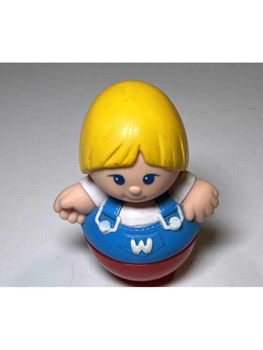 Vintage Roly Poly Weeble Style Boy Blonde Blue Overalls Wobble Toy Doll